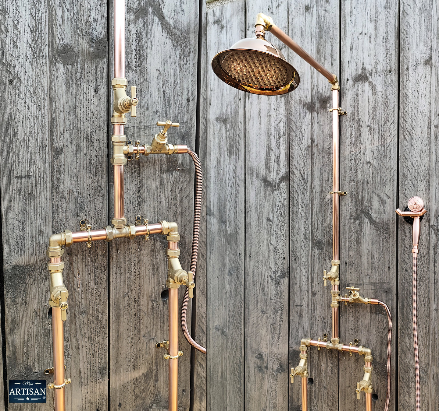 Copper And Brass Shower With Down Pipes And Hand Sprayer