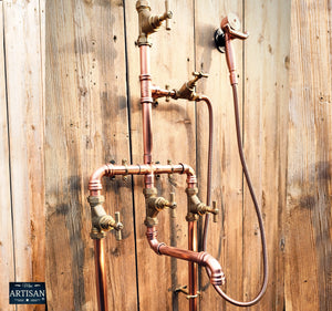 Copper Rainfall Shower With Lower Faucet, Down Pipes And Hand Sprayer