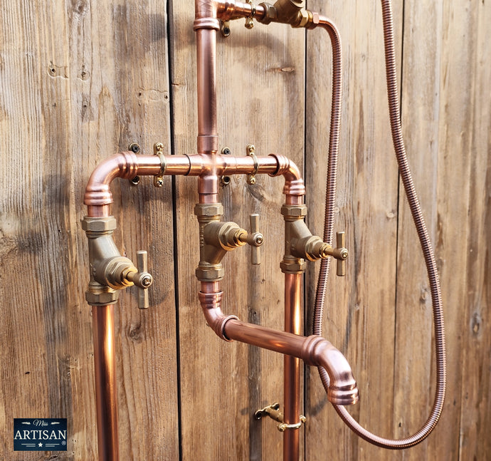 Copper Rainfall Shower With Lower Faucet, Down Pipes And Hand Sprayer