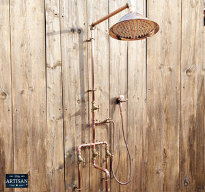 Copper Rainfall Shower With Lower Faucet, Down Pipes And Hand Sprayer