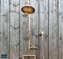 Load image into Gallery viewer, Copper And Brass Shower With Down Pipes And Hand Sprayer