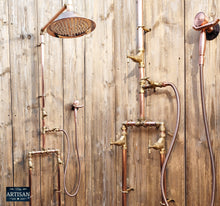 Load image into Gallery viewer, Copper And Brass Shower With Down Pipes And Hand Sprayer