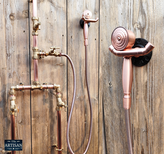 Copper And Brass Shower With Down Pipes And Hand Sprayer