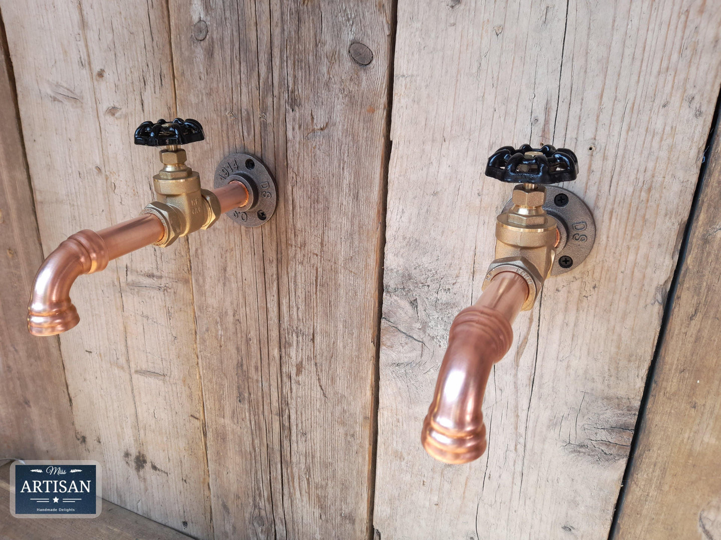 Outdoor / Indoor Pair Of Copper Pipe Wall Mounted Faucet Taps - Miss Artisan